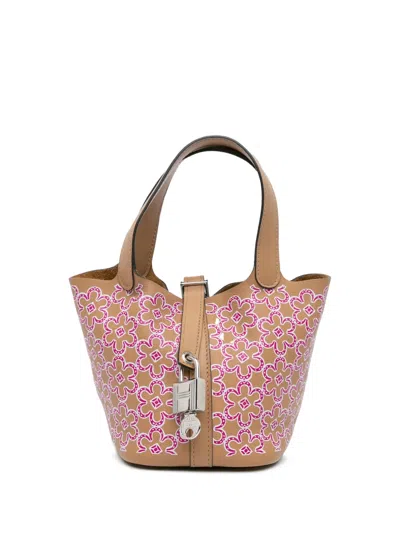 Pre-owned Hermes 2022 Micro Swift Lucky Daisy Picotin Lock 14 Handbag In Brown