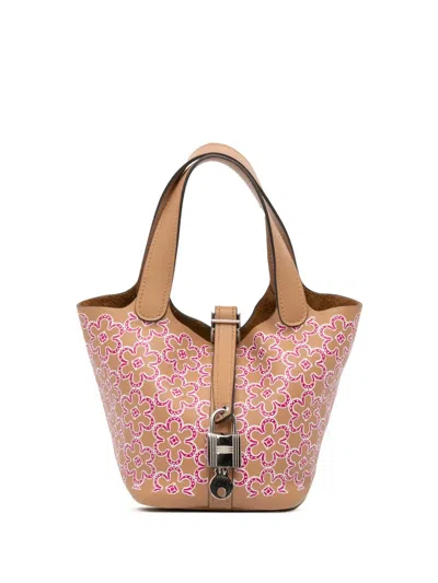 Pre-owned Hermes 2022 Micro Swift Lucky Daisy Picotin Lock 14 Handbag In Brown