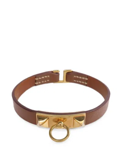 Pre-owned Hermes 2022 Mini Rivale Leather Bracelet In Gold