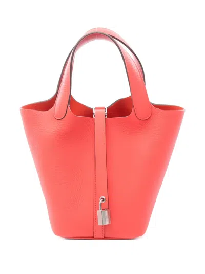 Pre-owned Hermes 2022 Pm Picotin Lock Leather Bucket Bag In Red