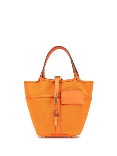 Pre-owned Hermes 2022 Toile Goeland And Swift Cargo Picotin Lock 18 Handbag In 橘色