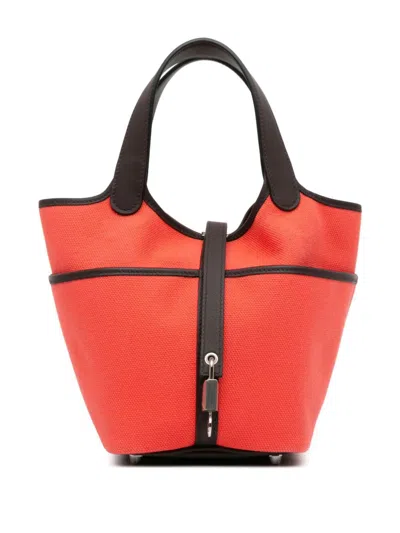 Pre-owned Hermes 2022 Toile Goeland Swift Cargo Picotin Lock 18 Handbag In Red