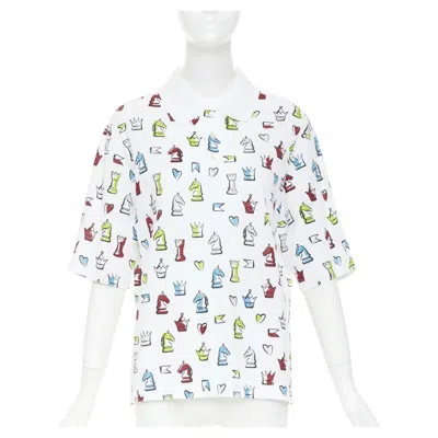 Pre-owned Hermes 2022 White Multicolor Animal Chess Print Playgrounds Cotton Polo Shirt S