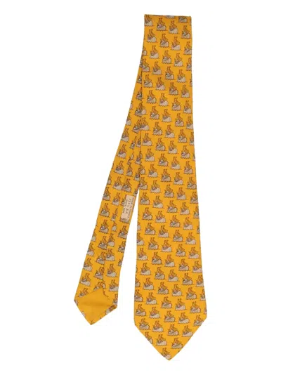 Pre-owned Hermes 2023 Boat-print Silk Tie In Yellow
