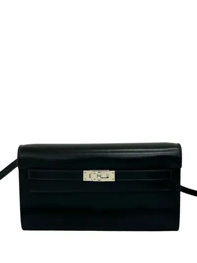 Pre-owned Hermes 2023 Box Calf Kelly To Go Wallet Crossbody Bag In Black
