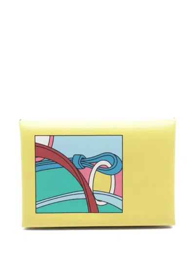 Pre-owned Hermes 2023 Calvi Duo Le Lever Coin Wallet In Yellow
