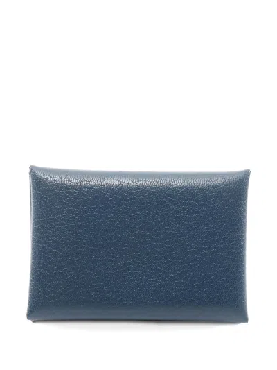 Pre-owned Hermes 2023 Calvi Duo Leather Card Holder In Blue