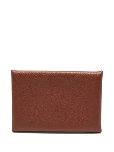 Pre-owned Hermes 2023 Calvi Duo Leather Card Holder In Brown