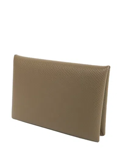 Pre-owned Hermes 2023 Calvi Epsom Card Holder In Neutral