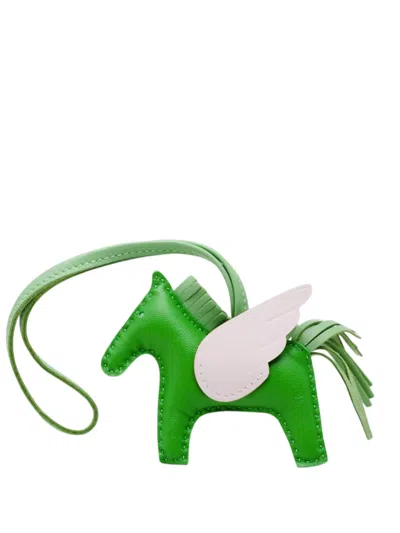 Pre-owned Hermes 2023 Milo Lambskin And Swift Grigri Rodeo Pegase Bag Charm Pm Key Chain In Green