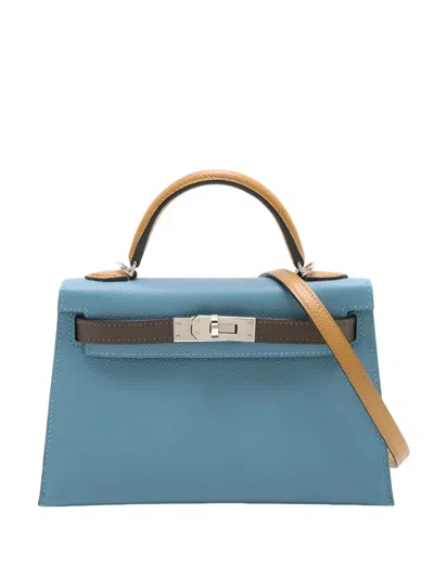 Pre-owned Hermes 2023 Mini Tricolor Epsom Kelly Ii Sellier 20 Satchel In Blue