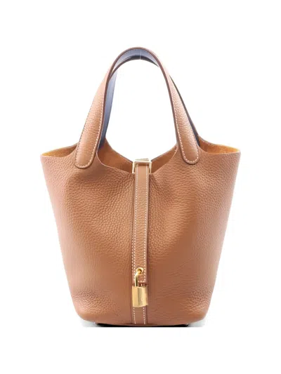 Pre-owned Hermes 2023 Pm Picotan Lock Leather Tote Bag In Brown