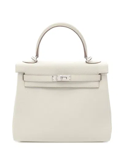 Pre-owned Hermes 2023 Togo Kelly Ii Retourne 25 Satchel In White
