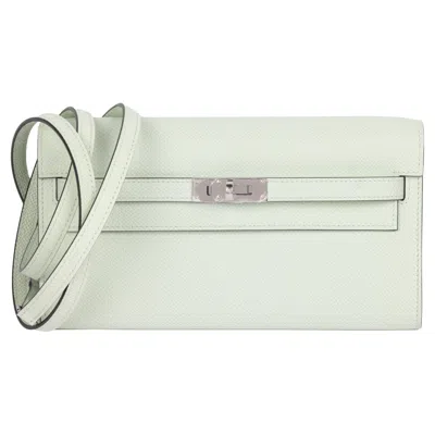 Pre-owned Hermes Hermès 2023 Vert Fizz Epsom Leather Kelly To Go Long Wallet With Strap In Gray