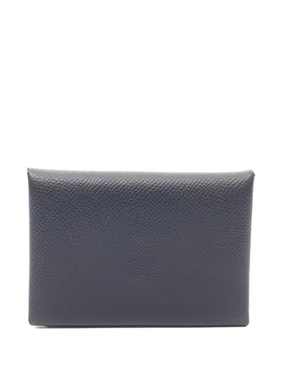 Pre-owned Hermes 2024 Calvi Duo Leather Coin Purse In Blue