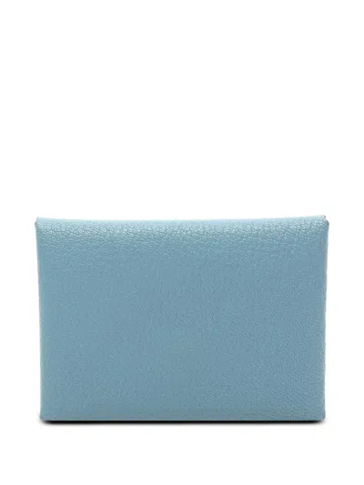 Pre-owned Hermes 2024 Chevre Calvi Duo Purse Coin Pouch In Blue