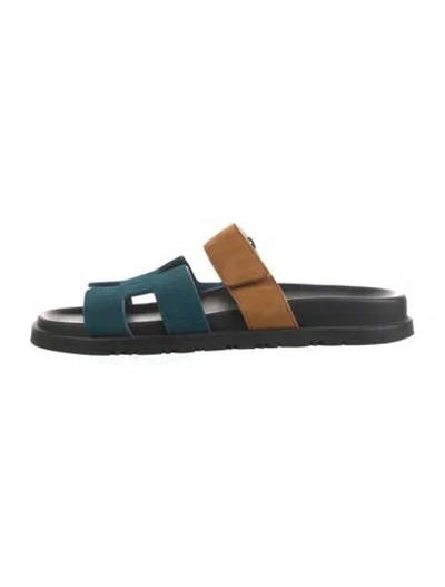 Pre-owned Hermes 2024 Chypre Slides In Blue