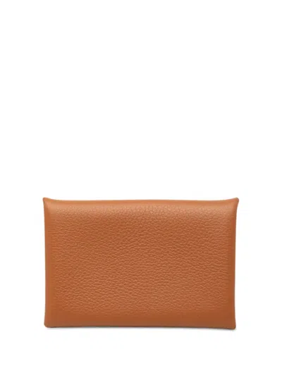 Pre-owned Hermes 2024 Epsom Calvi Card Holder In Brown