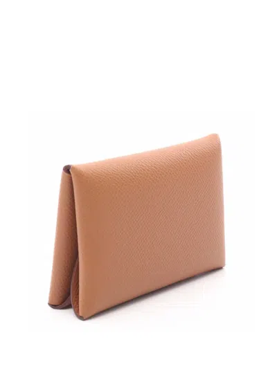 Pre-owned Hermes 2024 Epsom Calvi Card Holder Coin Pouch In Brown