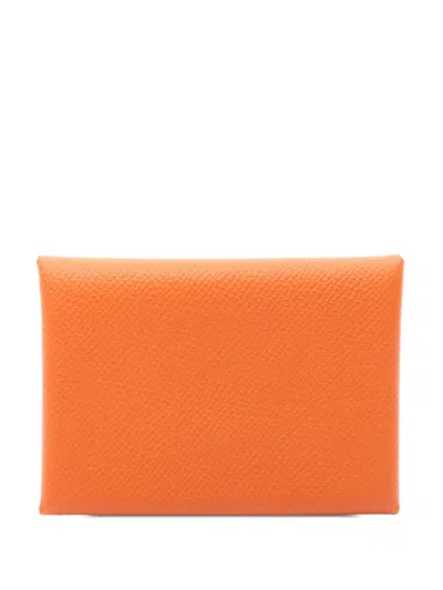 Pre-owned Hermes 2024 Epsom Calvi Coin Pouch In Orange