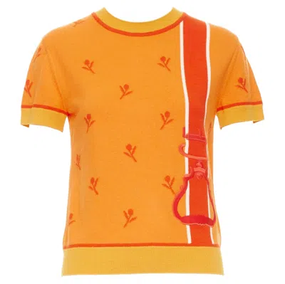 Pre-owned Hermes 2024 Etriers Orange Wool Cashmere Floral Embroidered Sweater Fr36 S