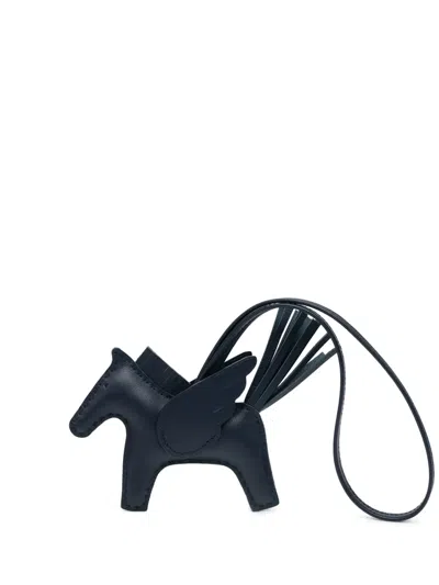 Pre-owned Hermes 2024 Milo Lambskin And Swift Grigri Rodeo Pegase Bag Charm Pm Key Chain In Blue