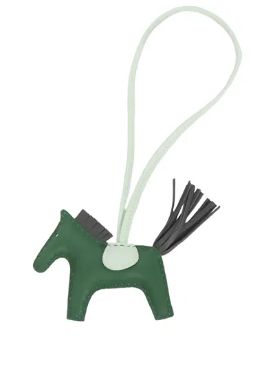 Pre-owned Hermes 2024 Milo Lambskin Grigri Rodeo Bag Charm Mm Key Chain In Green