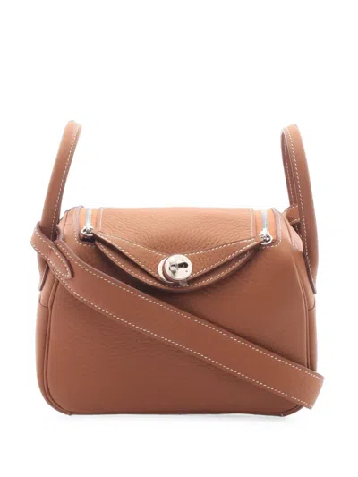 Pre-owned Hermes 2024 Mini Lindy Leather Shoulder Bag In Brown
