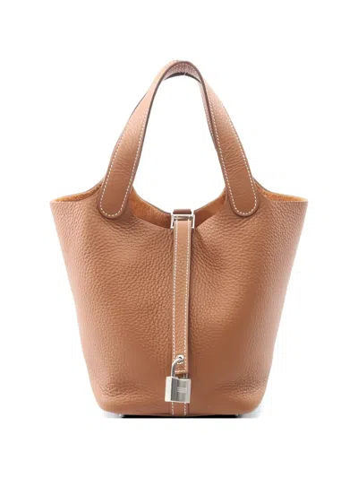 Pre-owned Hermes 2024 Pm Picotan Lock Leather Lock Tote Bag In Brown