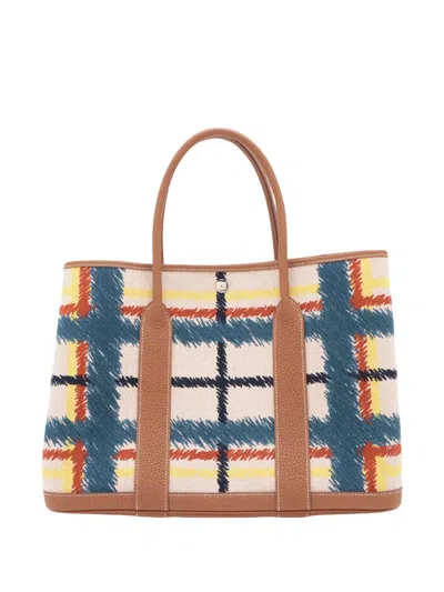 Pre-owned Hermes 2024 Toile And Negonda Tartan Cross Garden Party 36 Tote Bag In Neutral