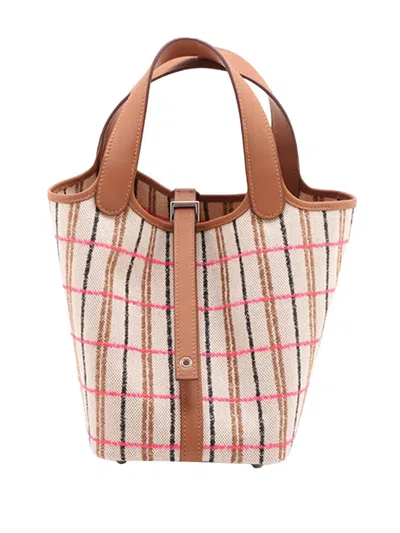 Pre-owned Hermes 2024-2025 Couverture Toile H And Swift Picotin Lock 18 Handbag In Neutral