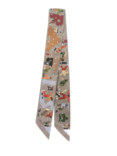 Pre-owned Hermes 2024-2026 Figures Libres Studded Silk Twilly Scarf Scarves In Brown