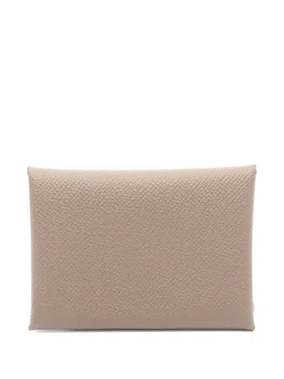 Pre-owned Hermes 2025 Calvi Duo Coin Purse In Neutral