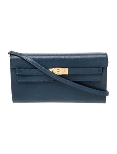 Pre-owned Hermes 2025 Chevre Mysore Kelly Classique To Go Wallet In Blue