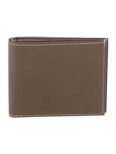 Pre-owned Hermes 2025 Citizen Twill Compact Wallet In Gray