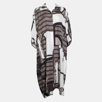 Pre-owned Hermes 2025 'coaching Remix' Brown/white Silk Kaftan Xs