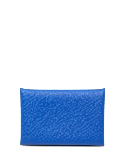 Pre-owned Hermes 2025 Epsom Calvi Card Holder In Blue