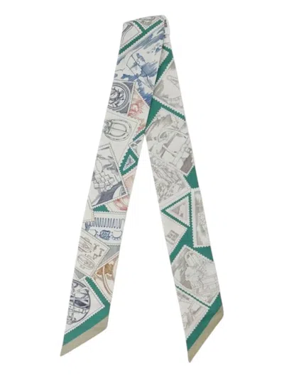 Pre-owned Hermes 2025 Le Philateliste Du Faubourg Silk Twilly Scarf Scarves In White