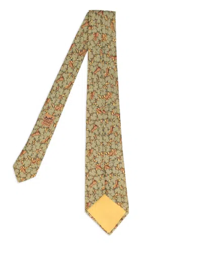 Pre-owned Hermes 2025 Leaves-print Silk Tie In Yellow
