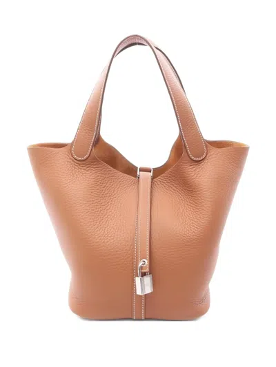 Pre-owned Hermes 2025 Lock Leather Handbag In Brown