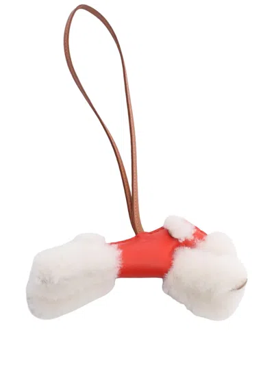 Pre-owned Hermes 2025 Milo Lambskin And Shearling Budy Bag Charm Key Chain In Red