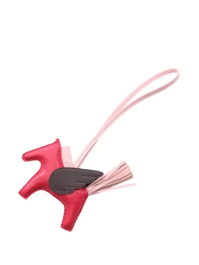 Pre-owned Hermes 2025 Milo Lambskin And Swift Grigri Rodeo Pegase Bag Charm Pm Key Chain In Pink