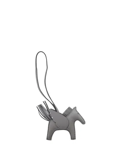 Pre-owned Hermes 2025 Milo Lambskin Grigri Rodeo Pegasus Bag Charm Pm Key Chain In Gray