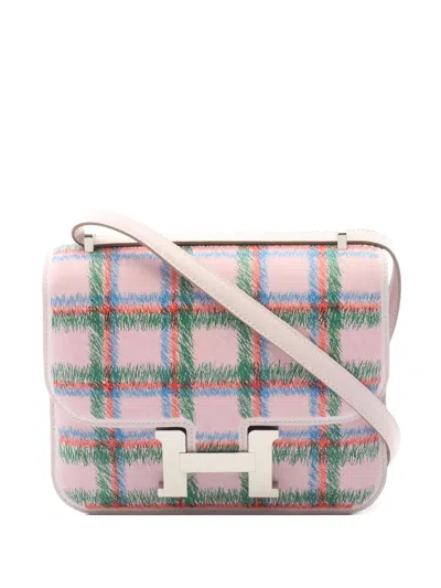 Pre-owned Hermes 2025 Mini Constance 3 Tartan Shoulder Bag In Pink