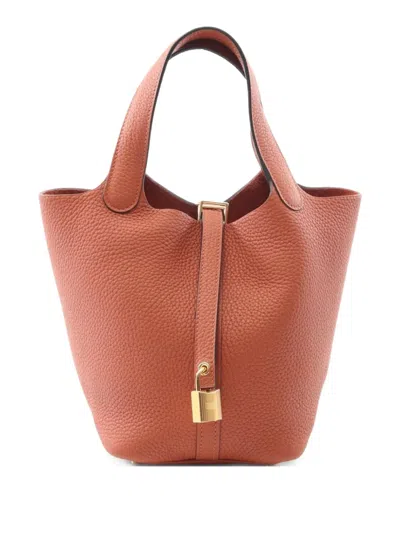 Pre-owned Hermes 2025 Picotin Lock Pm Clemence Leather Tote Bag In Brown