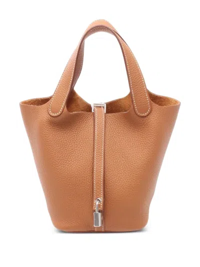 Pre-owned Hermes 2025 Picotin Lock Pm Clemence Leather Tote Bag In Brown
