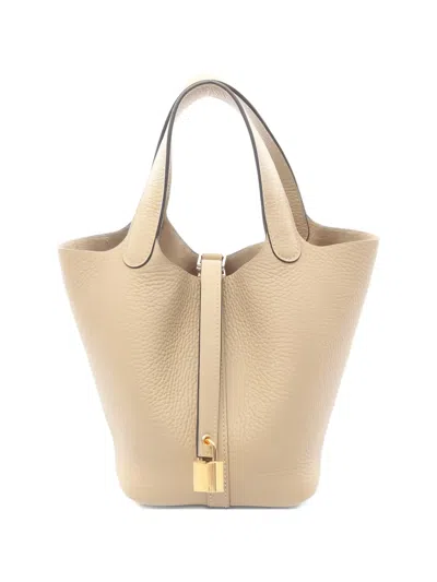 Pre-owned Hermes 2025 Pm Picotan Lock Clemence-leather Handbag In Neutral