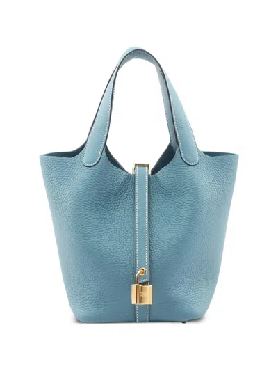 Pre-owned Hermes 2025 Pm Picotan Lock Grained-leather Tote Bag In Blue