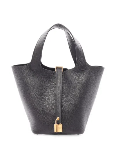 Pre-owned Hermes 2025 Pm Picotin Lock Leather Tote Bag In Black