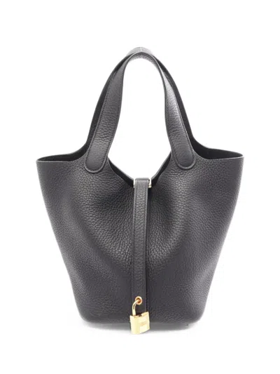 Pre-owned Hermes 2025 Pm Picotin Lock Leather Tote Bag In Black